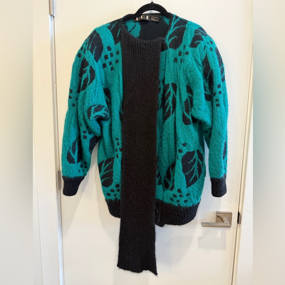 Vtg P.G.E Teal & Black Wool Mohair Knit Cardigan Sweater Jacket, Sz Small